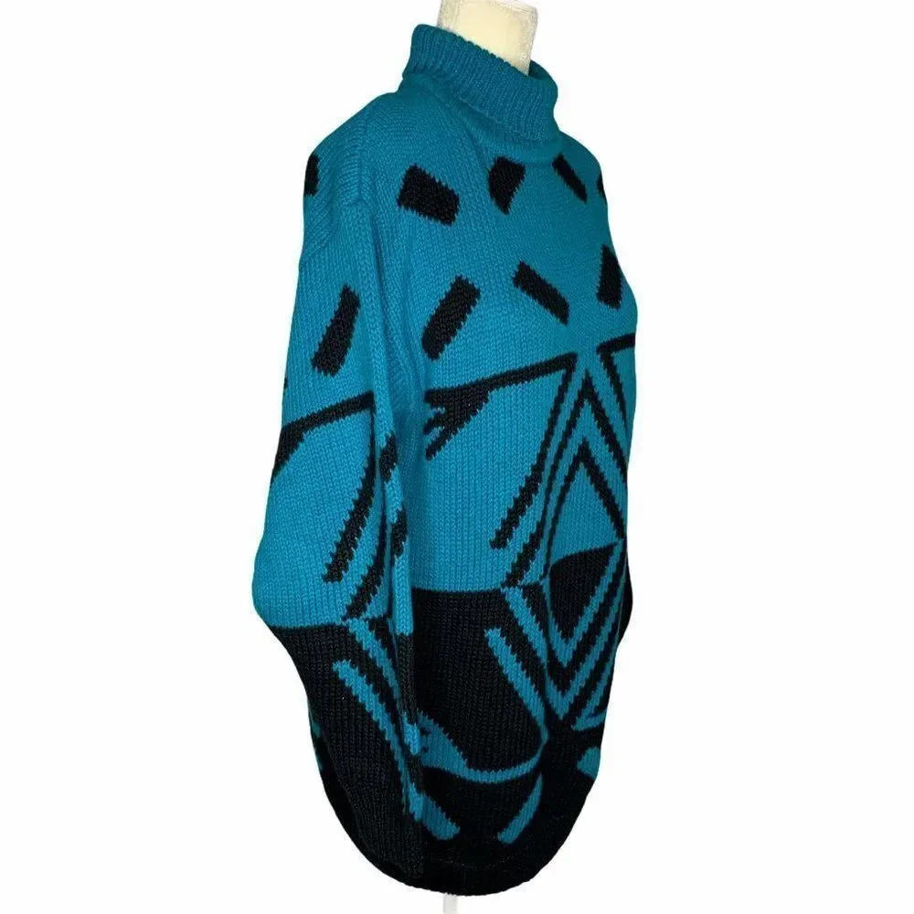 Vintage Mock Neck Chunky Knit Sweater S Blue Black